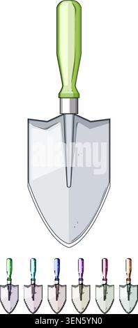 Garden hand trowel tool features a sturdy metal blade and a comfortable wooden handle, ideal for various gardening tasks like planting, digging, and t Stock Vector
