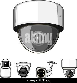 Surveillance dome camera and various wall mounted security devices overseeing premises, ensuring advanced protection with smart technology and digital Stock Vector