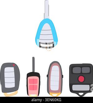 Assortment of vehicle key fobs, including smart keys and remote controls, presenting concepts of security, access, and modern technology for automotiv Stock Vector