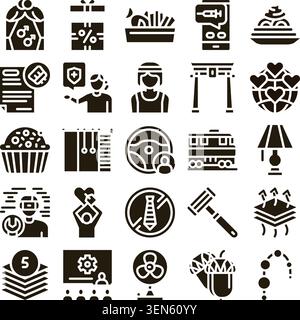 Diverse glyph icon set depicting everyday conceptshealth, food, travel, tech, education, shopping, services and comfort itemsflat black and white vect Stock Vector