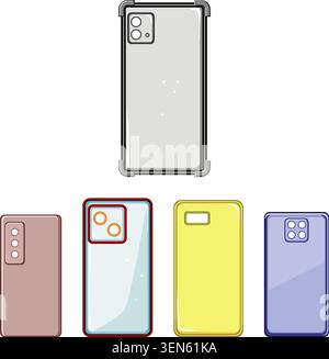 Group of diverse smartphone backs and protective cases in various styles, camera layouts and colors, flat vector illustrations on a clean white studio Stock Vector