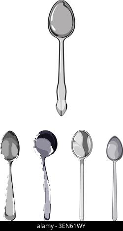 Collection of different sized metal spoons for food, illustrating kitchen utensils and silverware on a clean white background, representing cooking an Stock Vector