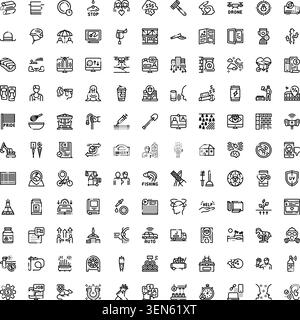 Large collection of diverse line art icons illustrating various abstract concepts, everyday objects, activities, and modern technologies, creating a v Stock Vector