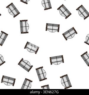 pattern Ornate wrought iron gate forming a protective barrier and entrance, featuring decorative scrollwork and supported by rustic stone pillars on a Stock Vector