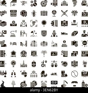 Collection of numerous glyph icons covering various business, marketing, service, and technology concepts, illustrating different activities, industri Stock Vector