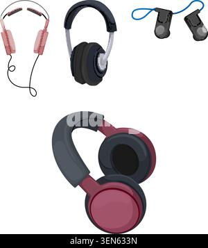 Collection of modern headphone and earbud vector illustrations showing various personal audio accessories for music, communication and digital enterta Stock Vector