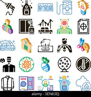 Flat and isometric icon set covering tech, smart home, automotive, dental, health, cleaning, analytics, science and lifestyle concepts for versatile d Stock Vector