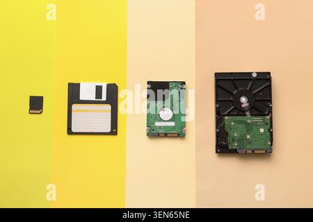 Evolution of data storage devices: micro SD card, floppy disk, and hard drives on colorful background Stock Photo
