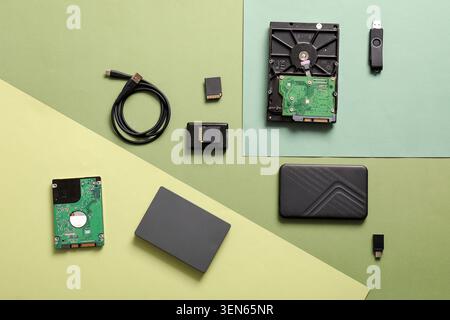 Computer data storage devices and components for digital information management and technology solutions Stock Photo