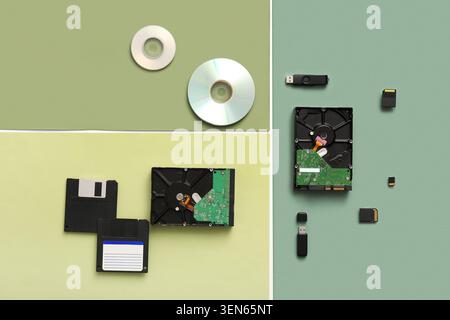 Digital data storage evolution: floppy disks, cds, hard drives, USB drives, and memory cards on green background Stock Photo