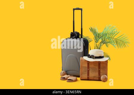 Travel suitcase with camera, straw hat, sunglasses, and tropical palm leaves on yellow background for vacation planning Stock Photo