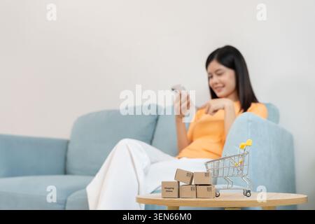 woman using smartphone for online shopping at home. stay home, technology, electronic commerce, internet, market place, final or summer or big sale, p Stock Photo