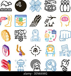 Variety of colorful outline and solid style icons representing various concepts, activities, objects, and abstract elements for creative design and us Stock Vector