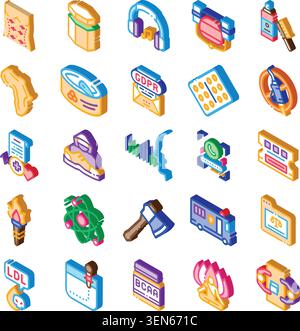 Collecting a variety of isometric icons representing different concepts including gdpr, medical care, atom, login security and technology, health, fit Stock Vector