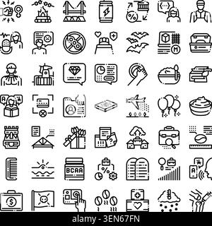 Set of diverse outline icons covering concepts like personal finance, travel, health, food, education, technology, and various professions, suitable f Stock Vector
