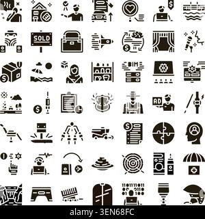 Glyph icons illustrating various business sectors, technology advancements, healthcare services, and everyday activities representing a comprehensive Stock Vector