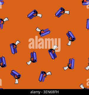 seamless pattern Iconic style illustration depicting a vibrant purple and orange foam dart blaster toy, designed for children engaged in creative play Stock Vector