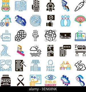 Diverse icons collection representing technology, health, finance, nature, and human activities, offering a wide range of visual elements for differen Stock Vector