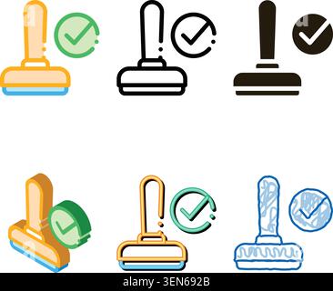 Hand Print Seal Approved Mark Element Vector Icon Thin Line. Approved Sign On minimal Document File And Hands, Computer Monitor And Smartphone Display Stock Vector