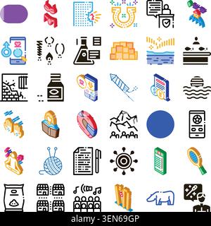 Diverse set of isometric icons illustrating a range of concepts including communication, technology, nature, finance, and celebration, suitable for us Stock Vector