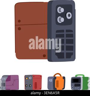 Various compact power generators and welding inverters providing electricity for industrial, construction, and diy projects, essential tools for moder Stock Vector