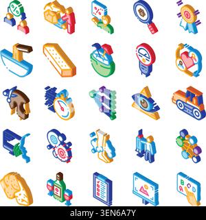 Diverse set of isometric illustrations depicting concepts like business analytics, data management, social media, human resources, research, security, Stock Vector