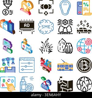 Comprehensive collection illustrating various business concepts including finance, technology, marketing, logistics, and data analysis in an isometric Stock Vector