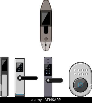 Smart home security devices showcasing modern keyless door locks and biometric entry systemsfacial recognition, fingerprint and keypad access for secu Stock Vector