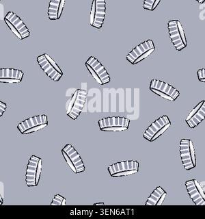 seamless pattern Round metallic bottle cap with ribbed side and flat top on white background, symbolizing beverage packaging, closure and sealing for Stock Vector
