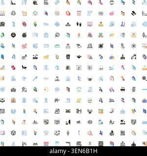 Diverse collection of isometric icons representing various modern concepts and industries, including technology, travel, healthcare, communication, an Stock Vector