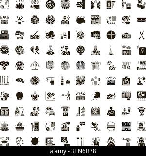 Large collection of diverse flat black glyph icons illustrating various concepts, themes, activities, and objects, suitable for business, technology, Stock Vector