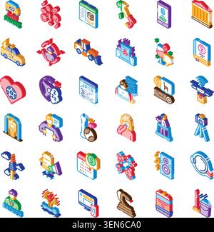 Isometric colorful vector symbols collection depicting technology, business, social, and healthcare concepts along with various objects, suitable for Stock Vector