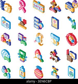Isometric vector icons representing diverse concepts including health, technology, finance, gaming, security, and communication, organized as a compre Stock Vector
