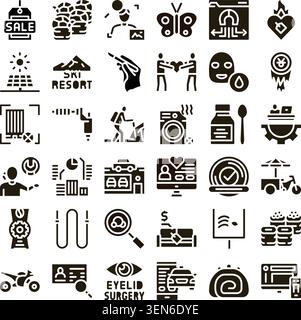 Set of glyph icons illustrating a wide range of topics including shopping, technology, travel, personal care, medical procedures, food, finance, and a Stock Vector