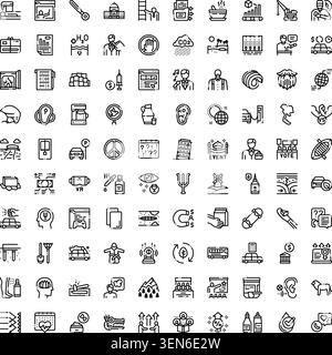 Set of diverse linear icons offering a wide range of symbols representing abstract ideas, objects, actions, and modern concepts for graphic design and Stock Vector