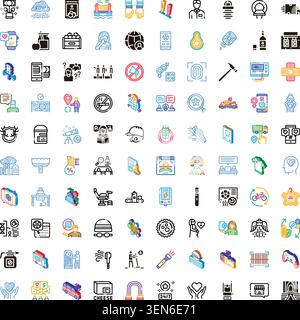 Set of vector linear symbols and pictograms illustrating diverse themes like healthcare, business, technology, lifestyle, and communication, suitable Stock Vector