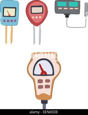Soil testing devices and ph meters assisting with garden and plant care, illustrating environmental conditions for optimal growth and agricultural suc Stock Vector