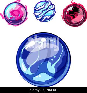 Fantasy game ui assets featuring a collection of four vibrant, colorful, and glossy circular magic orbs or elemental power spheres, suitable for sci f Stock Vector