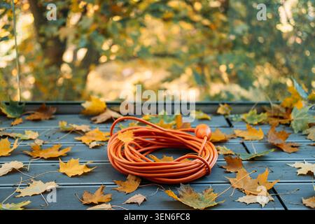 orange coiled extension cord lies on gray ribbed wooden decking next to scattered yellow autumn maple leaves. Outdoor cable insulation, waterproof Stock Photo