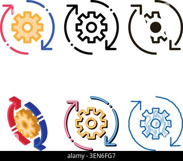 Gear And Arrows Around Agile Element Vector Icon Thin Line. Agile multistyle Magnifier And Document, Sandglass And Package, Loud-speaker And Stop Watc Stock Vector