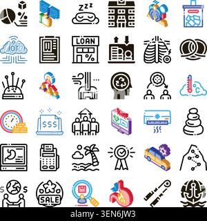Variety of flat and isometric glyph icons representing concepts of business, finance, healthcare, lifestyle, tourism, internet of things, and analytic Stock Vector