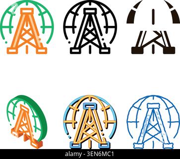 Oil-Derrick Planet Problem Vector Thin diversity Line Icon. Pump Oil Resource Environmental Problem, Industrial Pollution, Contamination Linear Pictog Stock Vector