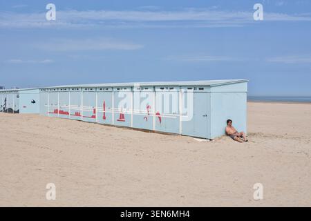 Beach cabins on the sandy beach of Dunkirk, France Stock Photo