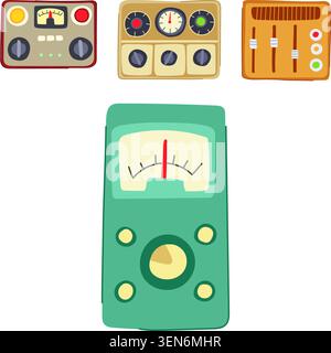 Collection of vintage style interface elements depicting analog gauges, dials, sliders, and buttons, illustrating concepts of measurement, adjustment, Stock Vector