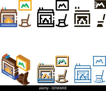 Rocking Chair near Fireplace Icon Vector. Outline Rocking Chair near Fireplace Sign. variety Isolated Contour Symbol Stock Vector