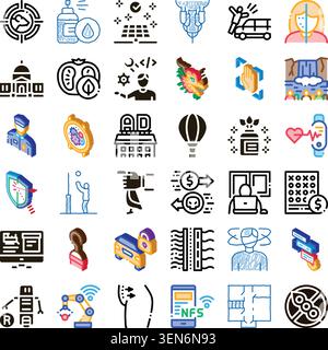 Contemporary set of flat icons depicting security, health monitoring, renewable energy, digital advertising, software development, ai and logistics fo Stock Vector
