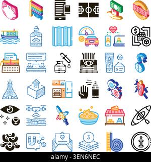 Collecting various flat color and doodle style icons representing diverse business concepts, travel activities, food, technology, education, and lifes Stock Vector