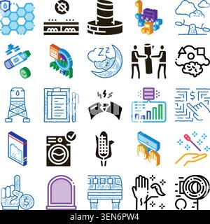 Grid of diverse isometric and flat concept icons representing technology, data, business processes, innovation, communication, science, health, enviro Stock Vector