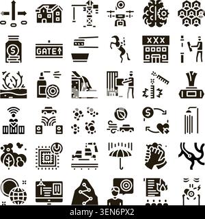 Set of diverse glyph icons presenting various business, finance, management, and technology concepts, illustrating different aspects of modern life an Stock Vector