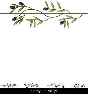 Olive branch design with green leaves and dark fruit decorating a horizontal line, providing an elegant and natural graphic element for separating con Stock Vector